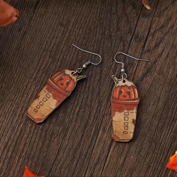 NEW In Package Pumpkin Topped Latte Coffee Wood Fall Earrings - Picture 1 of 4